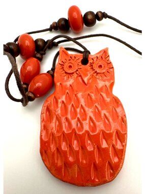Earthy Ceramic Owl Pendant Necklace Orange Beads Adjustable Cord Art Piece Signe